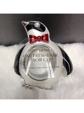 Bath & Body Works Penguin Car Visor Clip Air Freshener Holder With Red Bow Tie
